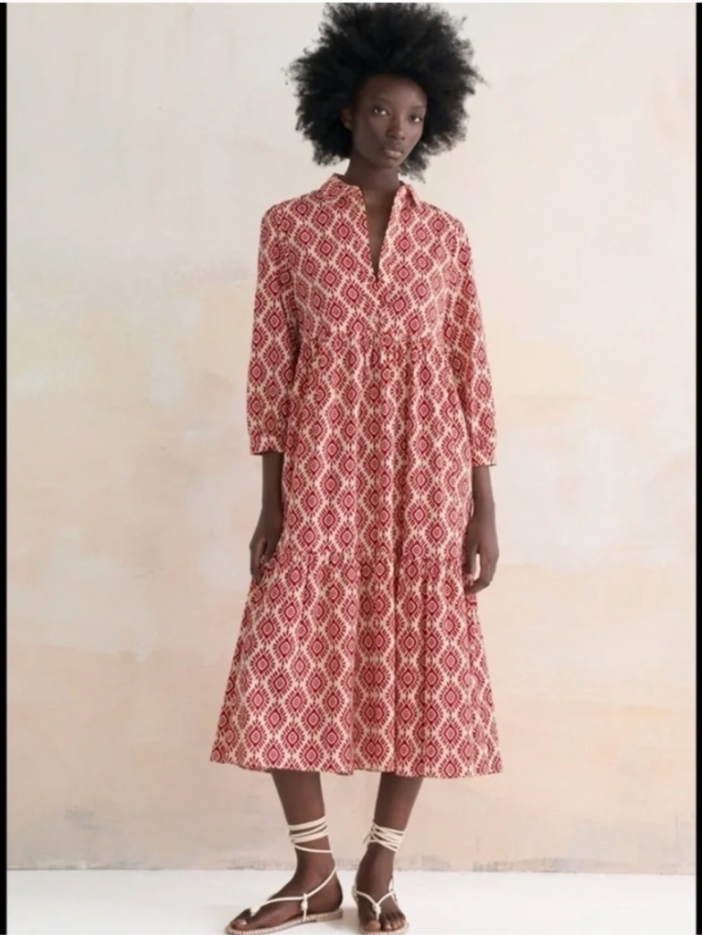 Zara red and cream geometric print tiered midi dress women's size L